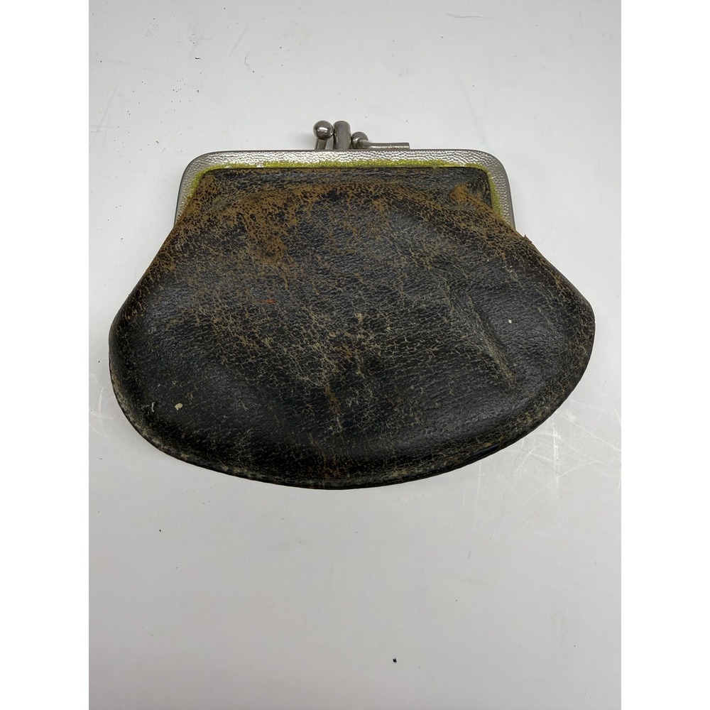 Vintage Distressed Black Leather Coin Purse Kiss Lock Small Pouch Accessory